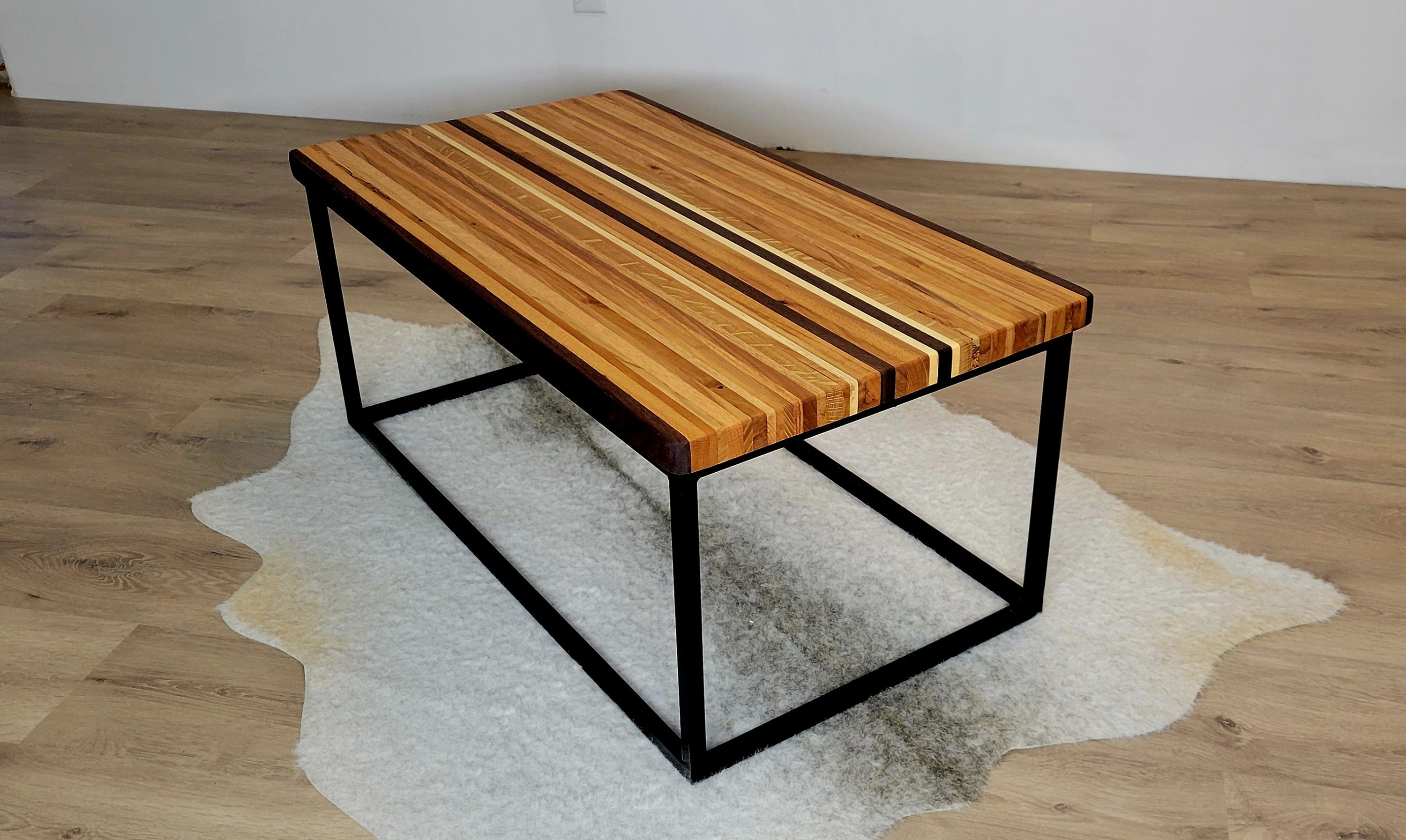 Coffee Table Black Steel Base Multi-Toned Wood Furniture