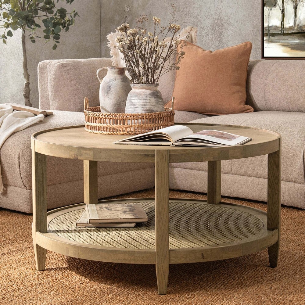 Coffee Table: Cane Lower Shelf Coffee Table with Tray Rim