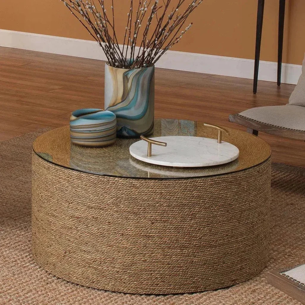 Coffee Table: Coastal Drum Coffee Table in Woven Seagrass