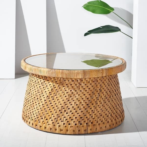 Coffee Table: Coastal Glass Top Table with Inset Woven Rattan