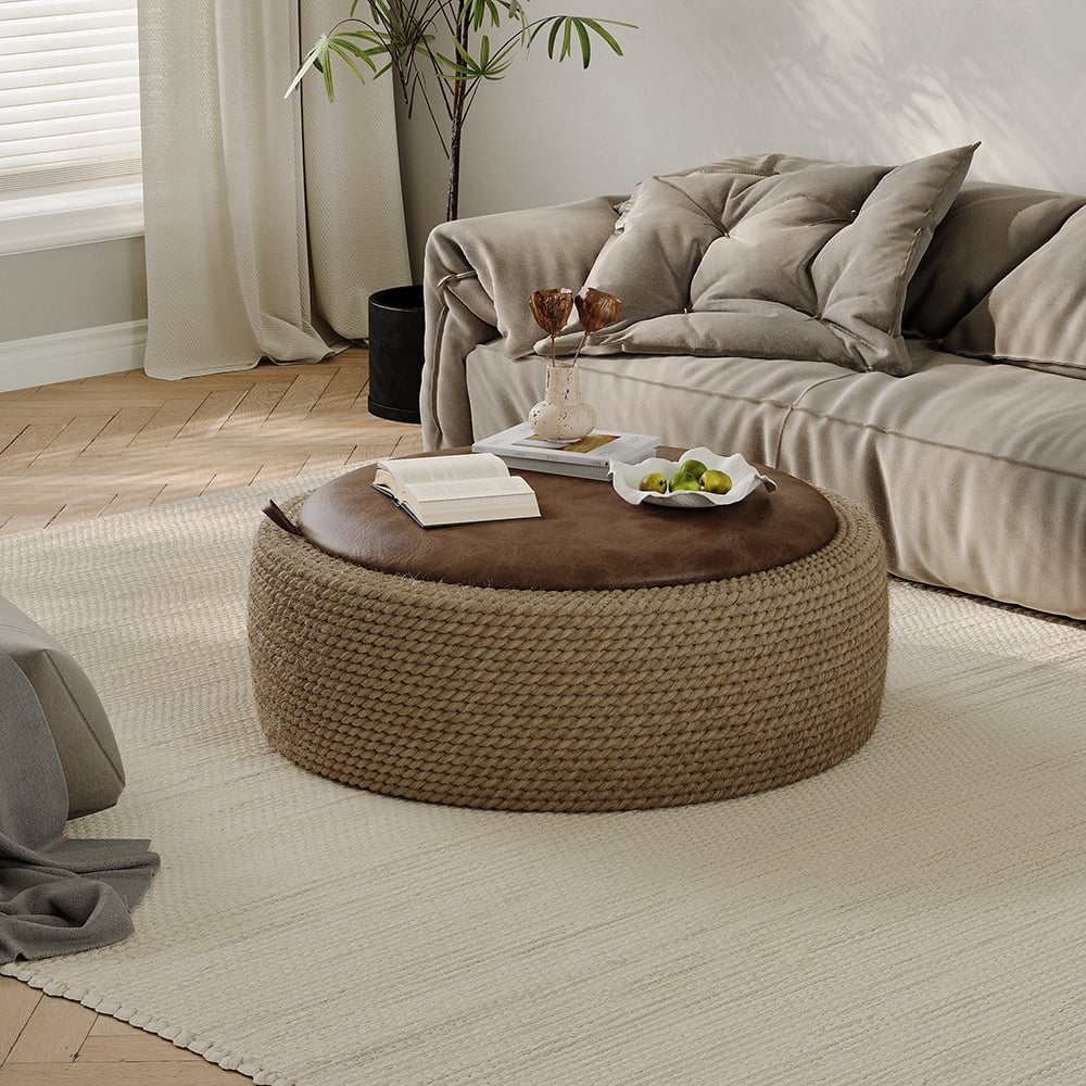 Coffee Table: Coastal Storage Coffee Table with Woven Rope Base
