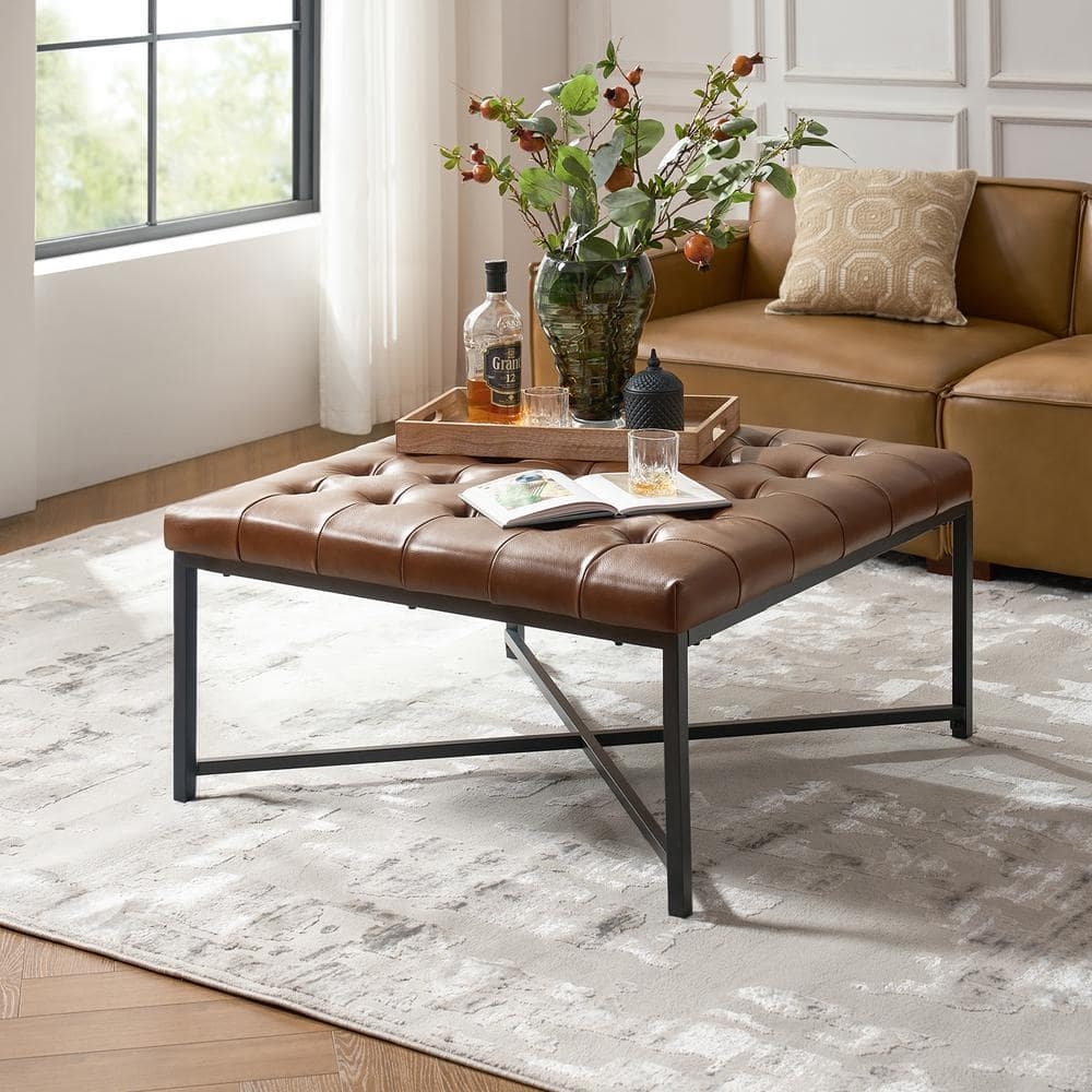 Coffee Table: Cognac Leather Square with Matte Black Base