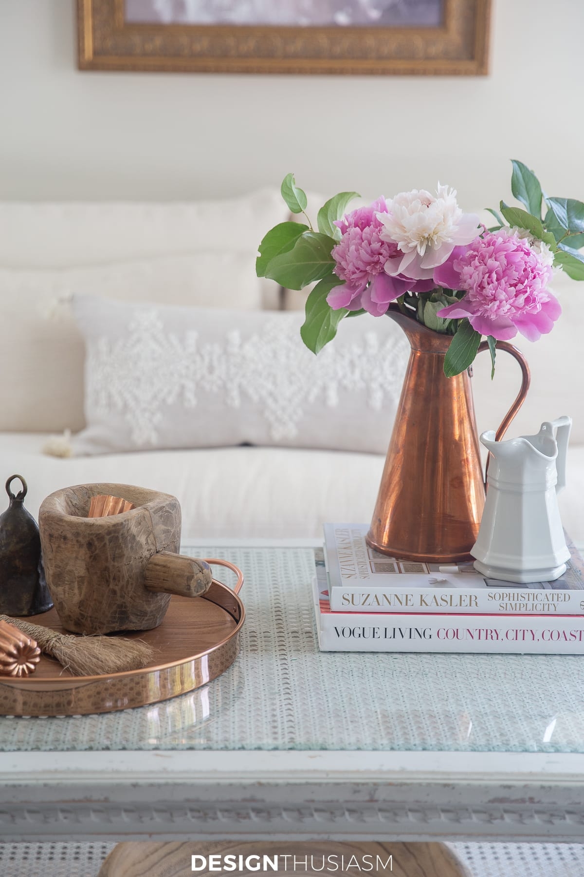 Coffee Table Decor with Rose Metallic Accents and Pink Peonies
