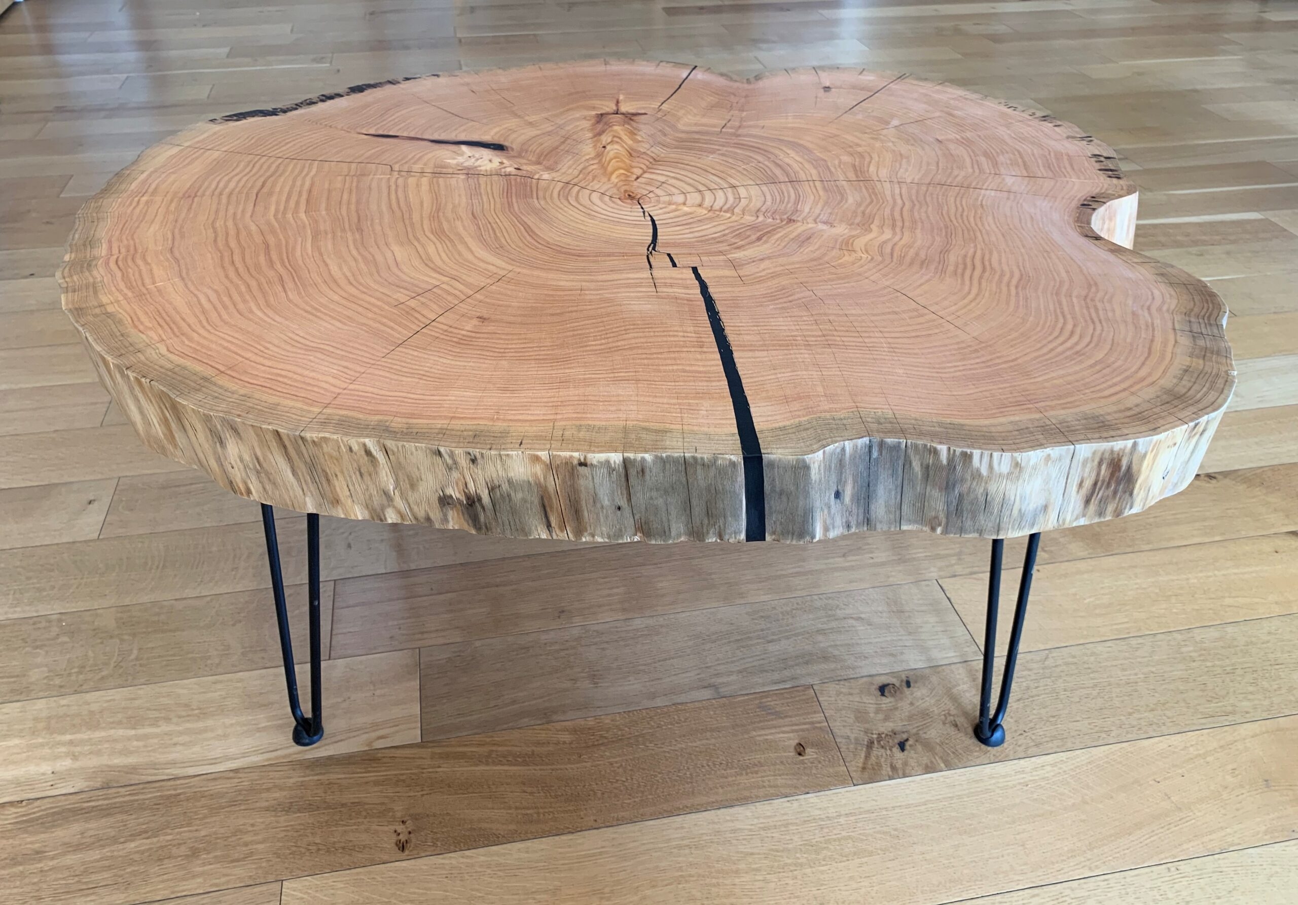 Coffee Table: Epoxy Filler Cypress Wood Slab Table with Hairpin Legs