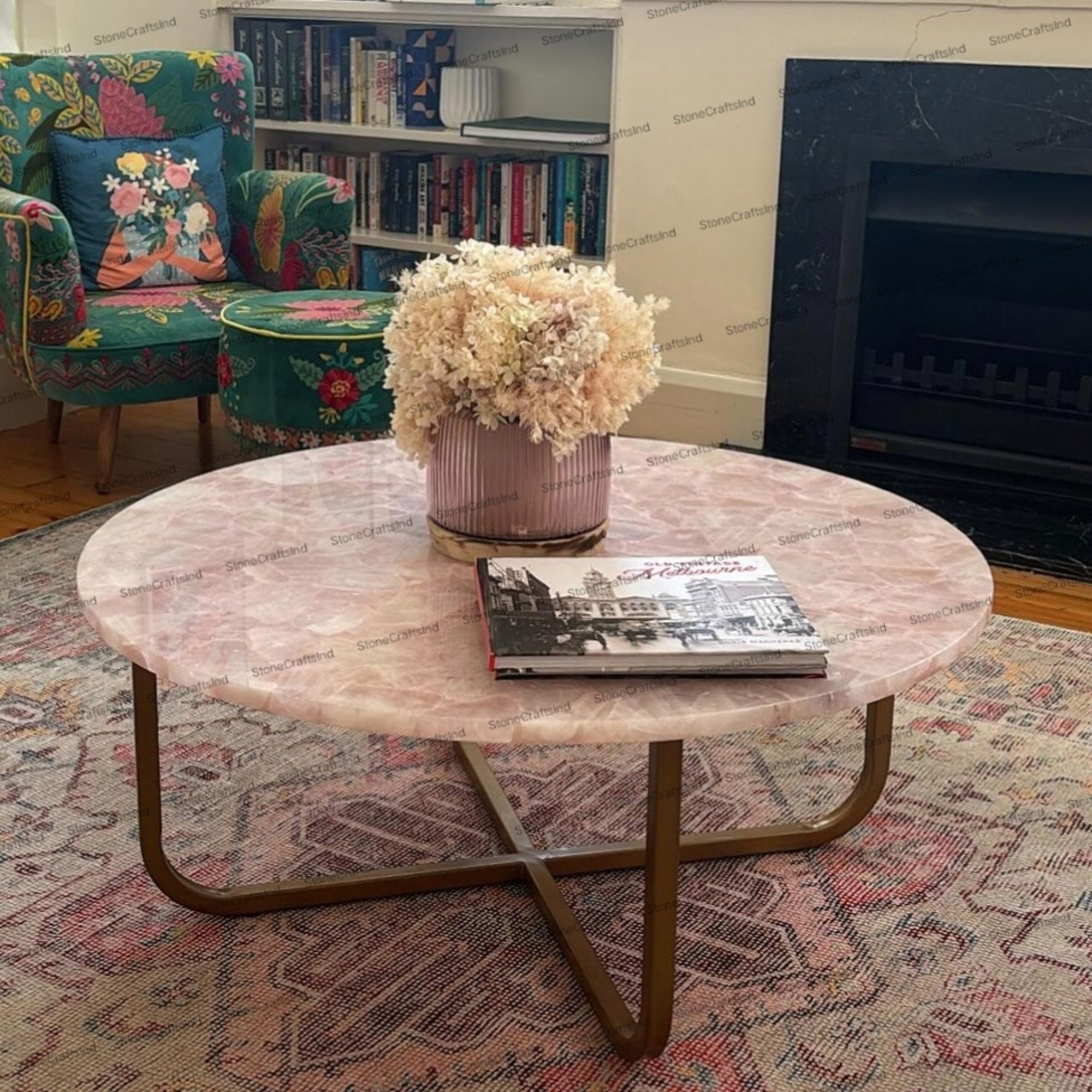 Coffee Table featuring Rose Quartz Top and Gold X-Base