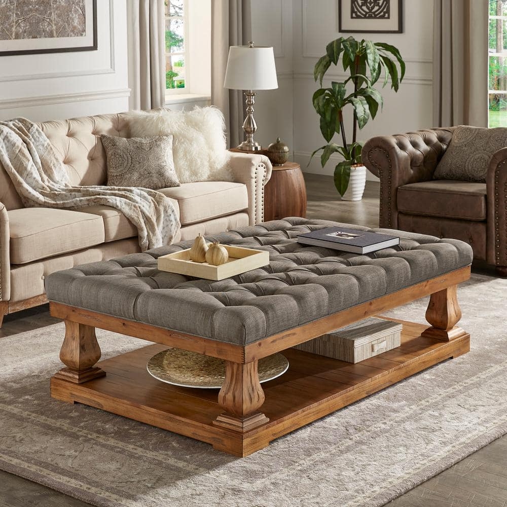 Coffee Table: Gray Tufted Top with Turned Legs and Shelf