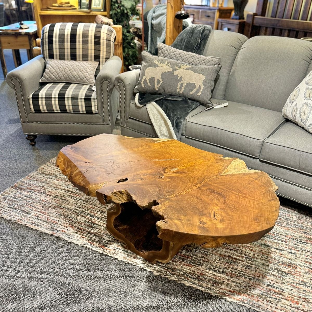 Coffee Table Hollow Log Base Cabin Style Living Room Slab Top