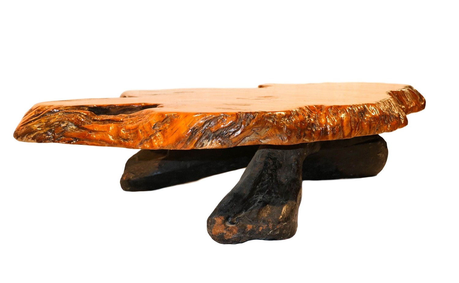 Coffee Table: Honey Amber Mid Century Slab Table Organic Base