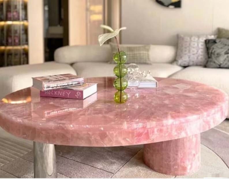 Coffee Table in Mixed Material Legs and Pink Stone
