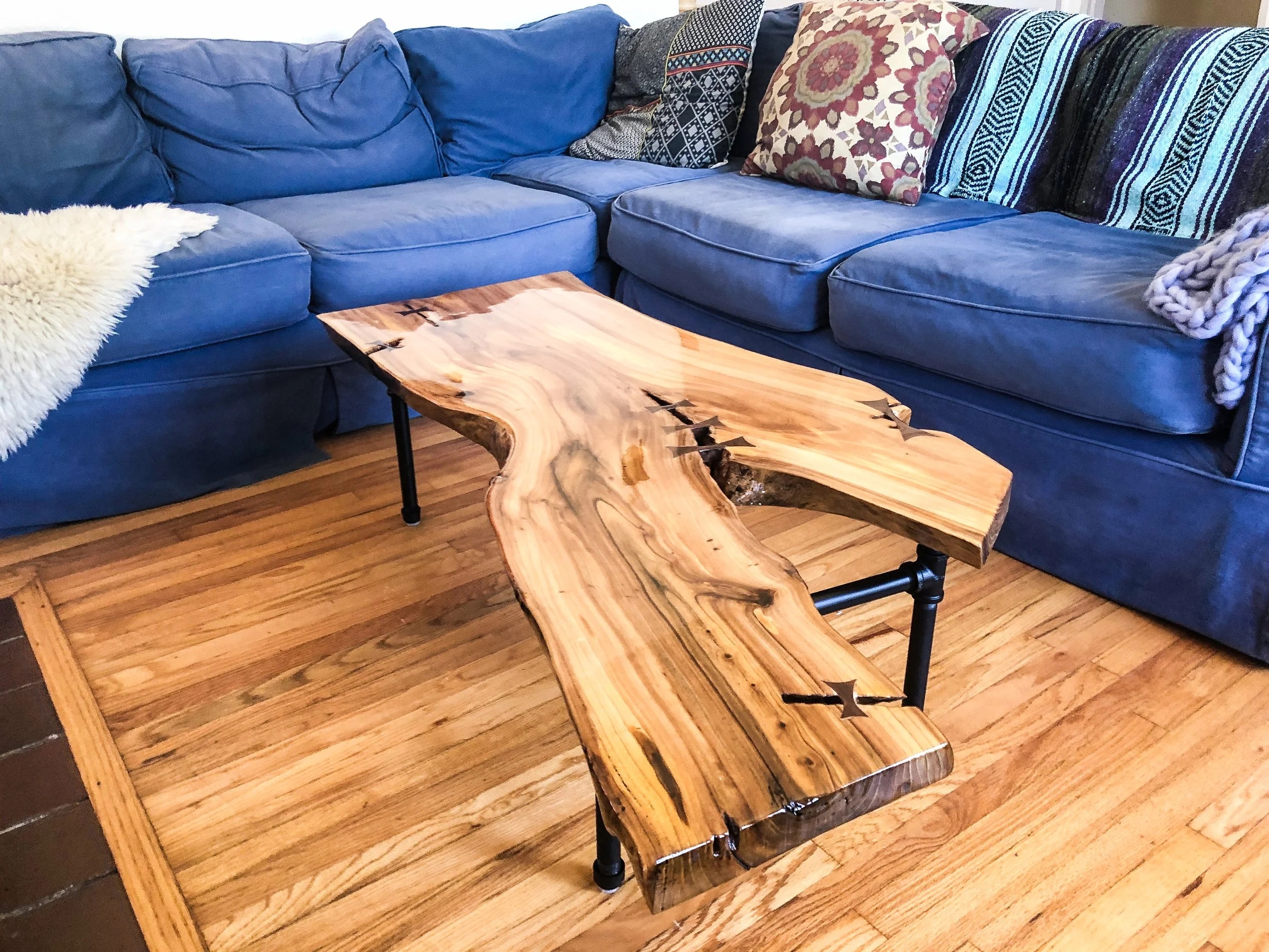 Coffee Table: Industrial Pipe Leg Coffee Table with Inlays