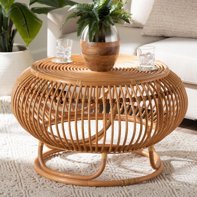 Coffee Table: Lantern Rattan Coffee Table with Open Slats