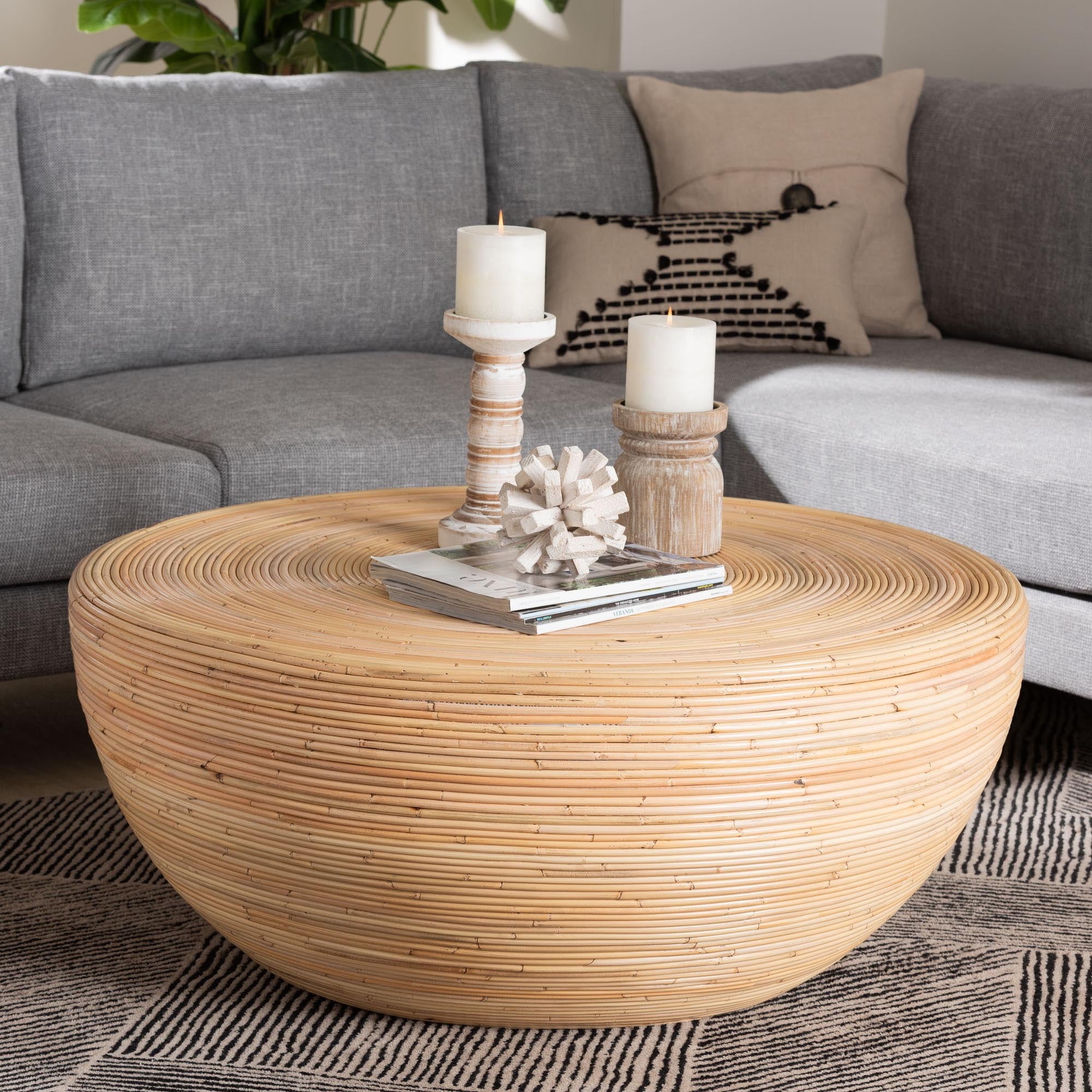Coffee Table: Natural Brown Drum Table with Coiled Rattan