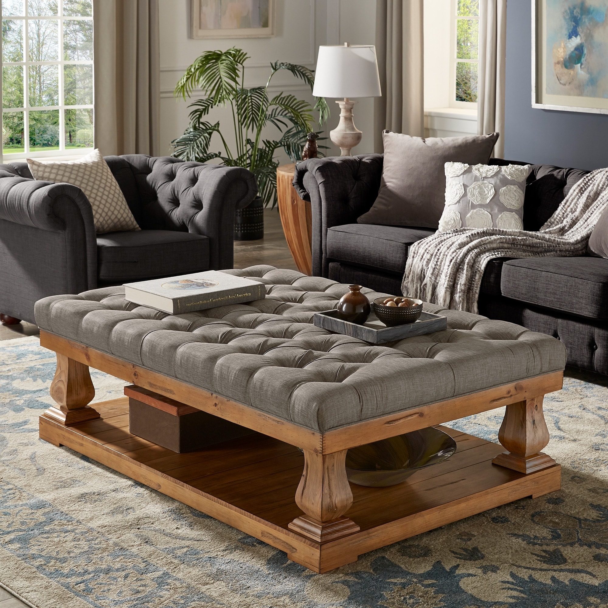 Coffee Table Ottoman: Charcoal Gray Baluster Leg Storage