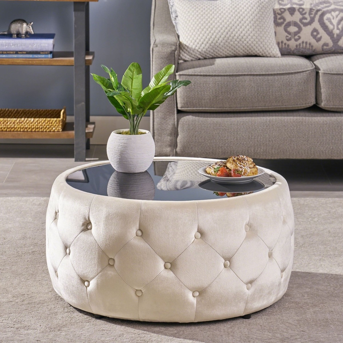 Coffee Table Ottoman: Cream Beige Velvet Inset Glass Top