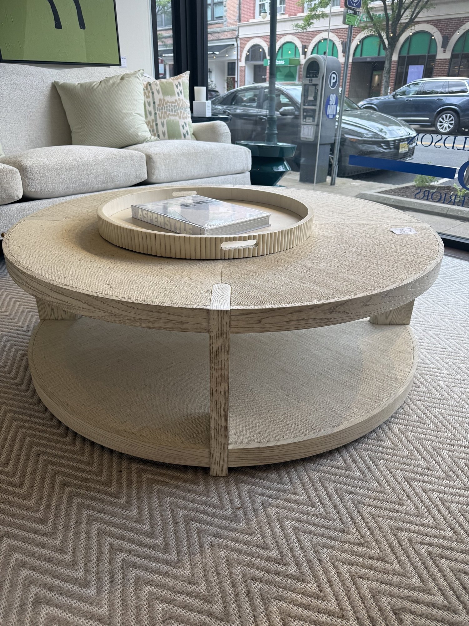 Coffee Table: Raffia Inlay Coffee Table in Tiered Round Oak