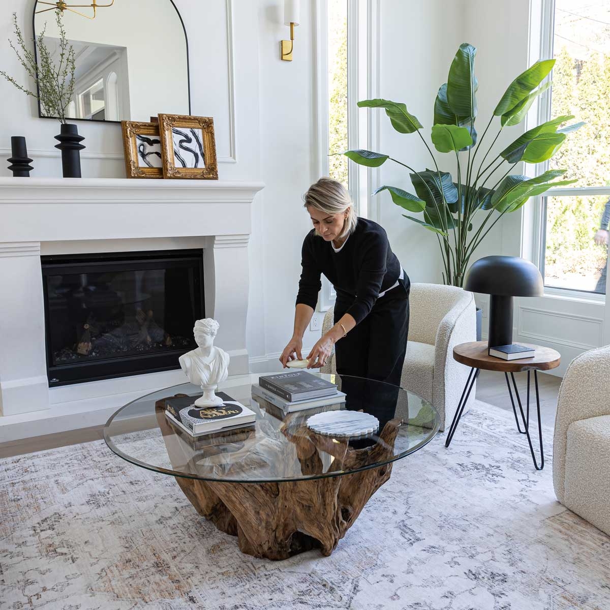 Coffee Table: Round Silhouette Glass Top Wood Root Base Table