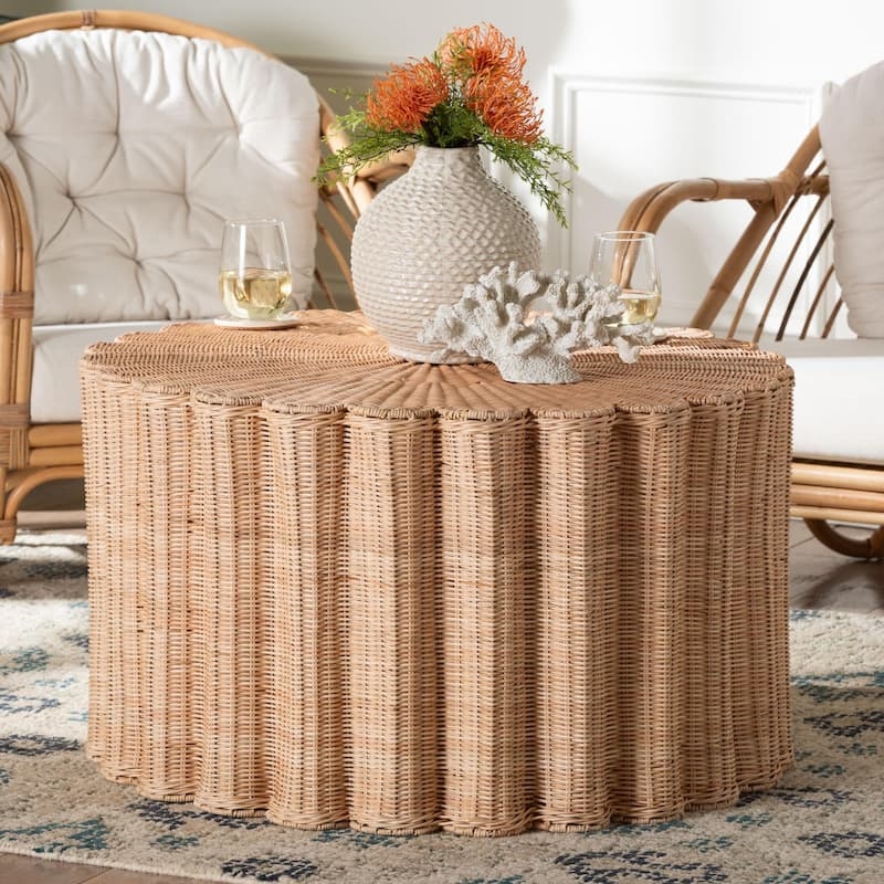 Coffee Table: Scalloped Rattan Coffee Table with Fluted Frame