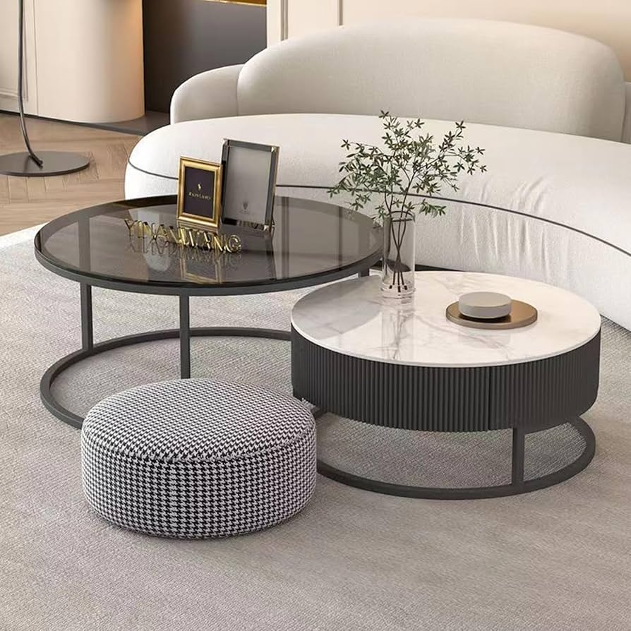 Coffee Table Set with Fluted Texture and Houndstooth Pouffe