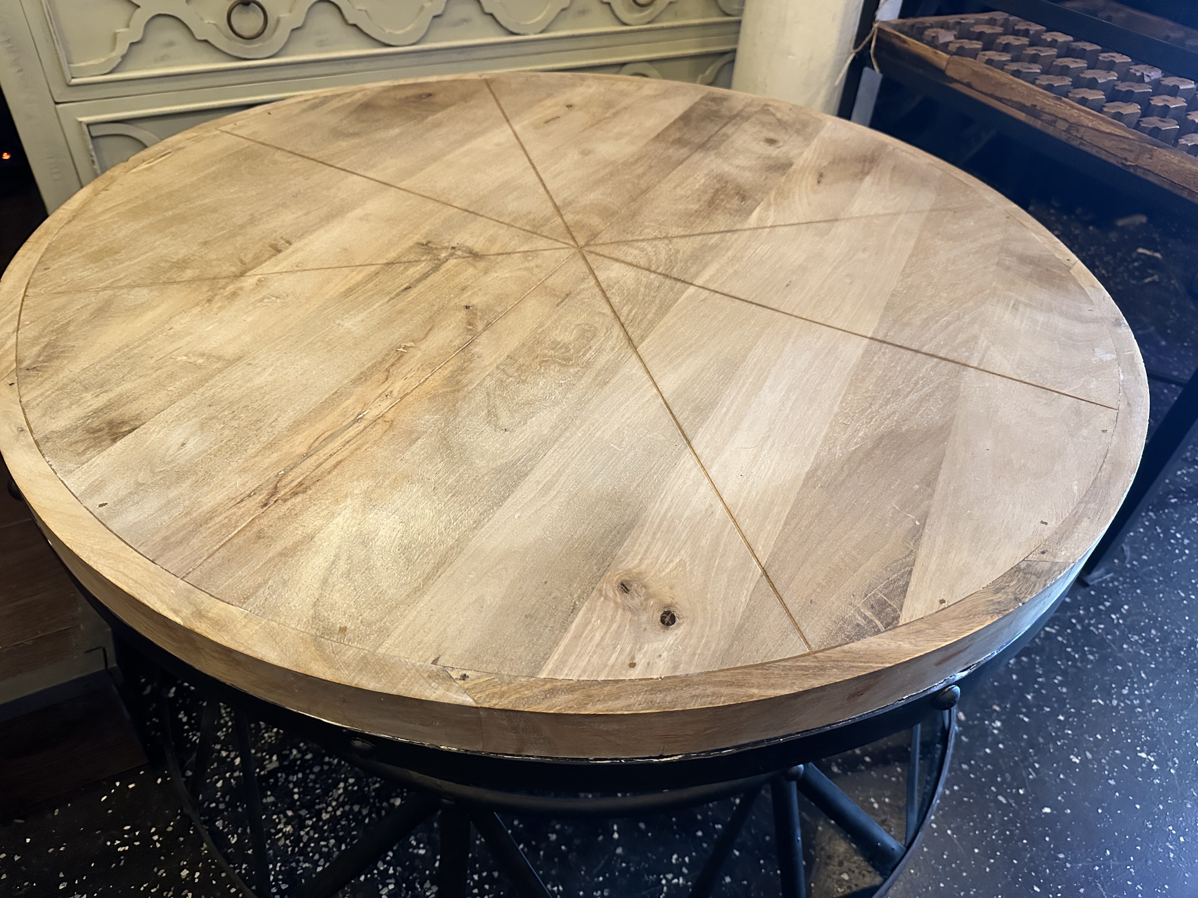 Coffee Table: Sunburst Top Coffee Table with Metal Spoke Base