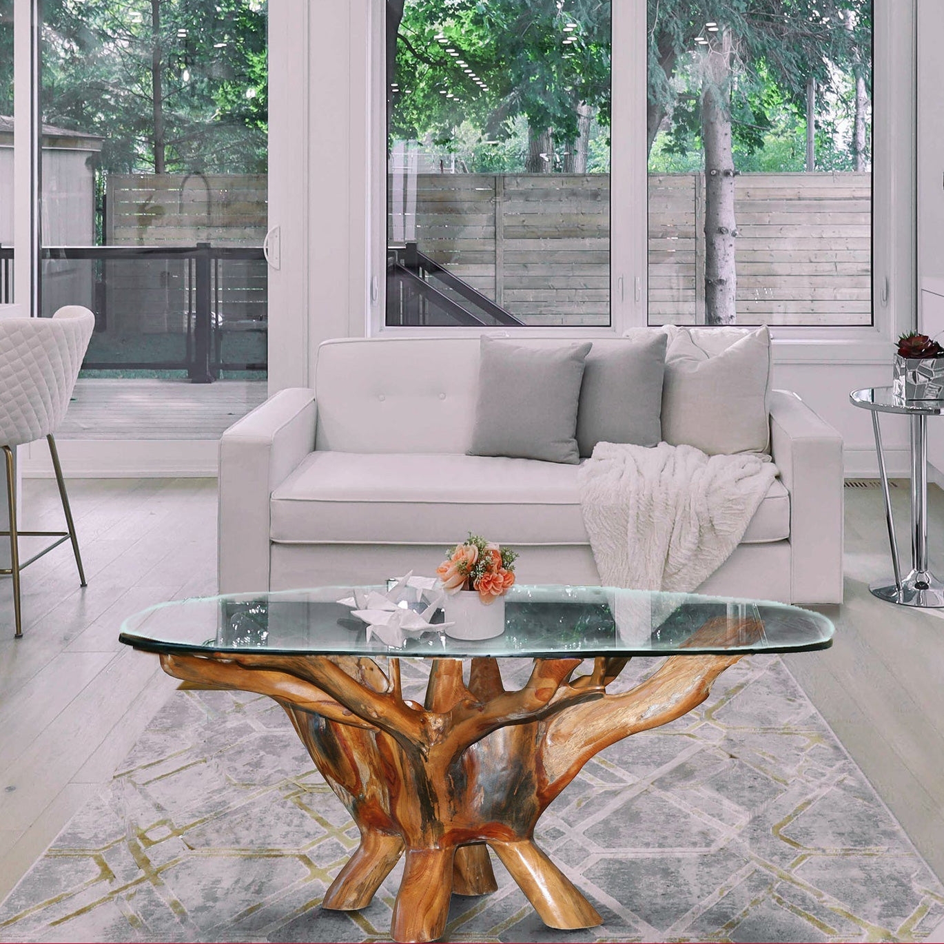 Coffee Table: Teak Root Base Glass Top Root Center Table