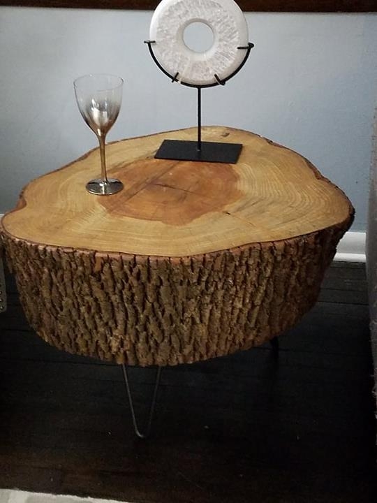 Coffee Table Tree Ring Top with Solid Log Slab and Bark