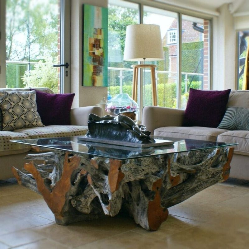 Coffee Table: Weathered Grey Root Furniture with Square Glass