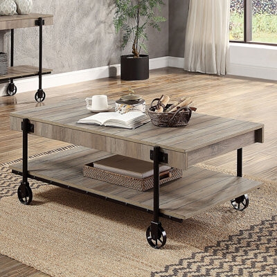 Coffee Table Wheel Casters Weathered Gray Plank Top