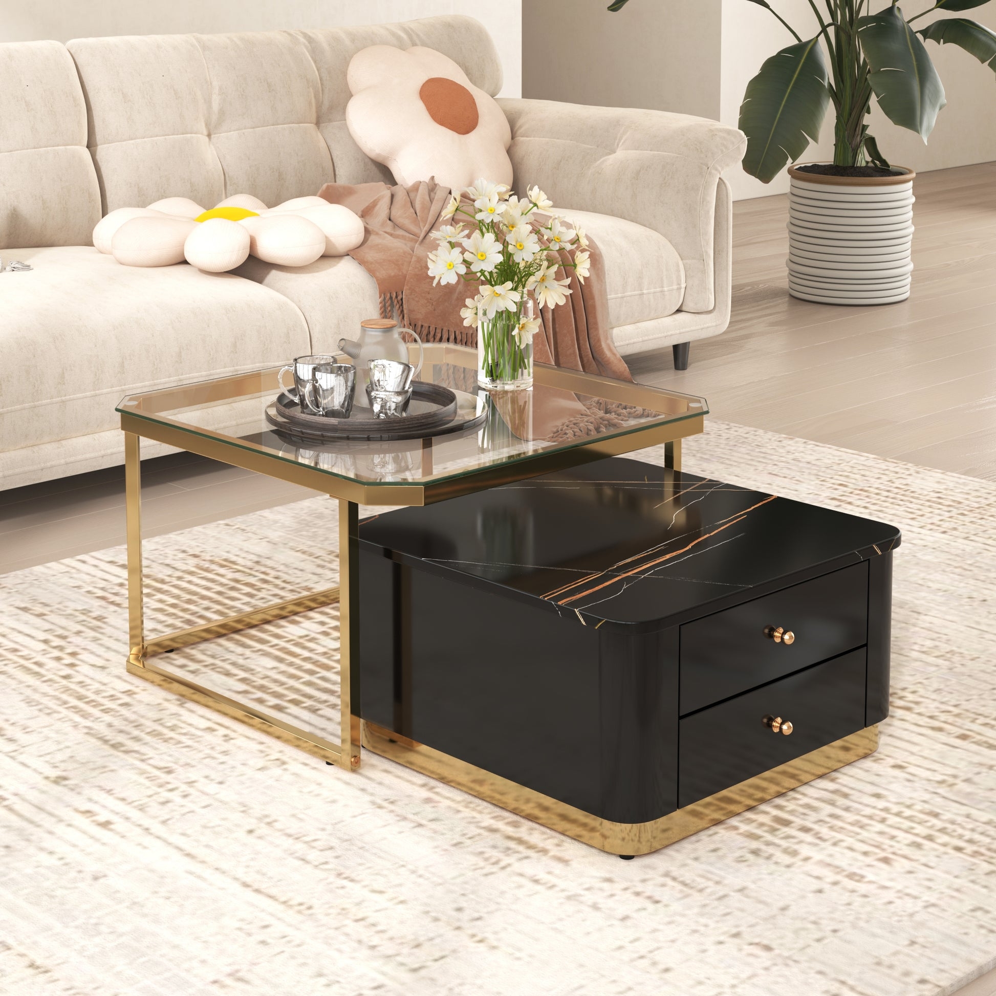 Coffee Table with Black Marble Look and Polished Gold Frame