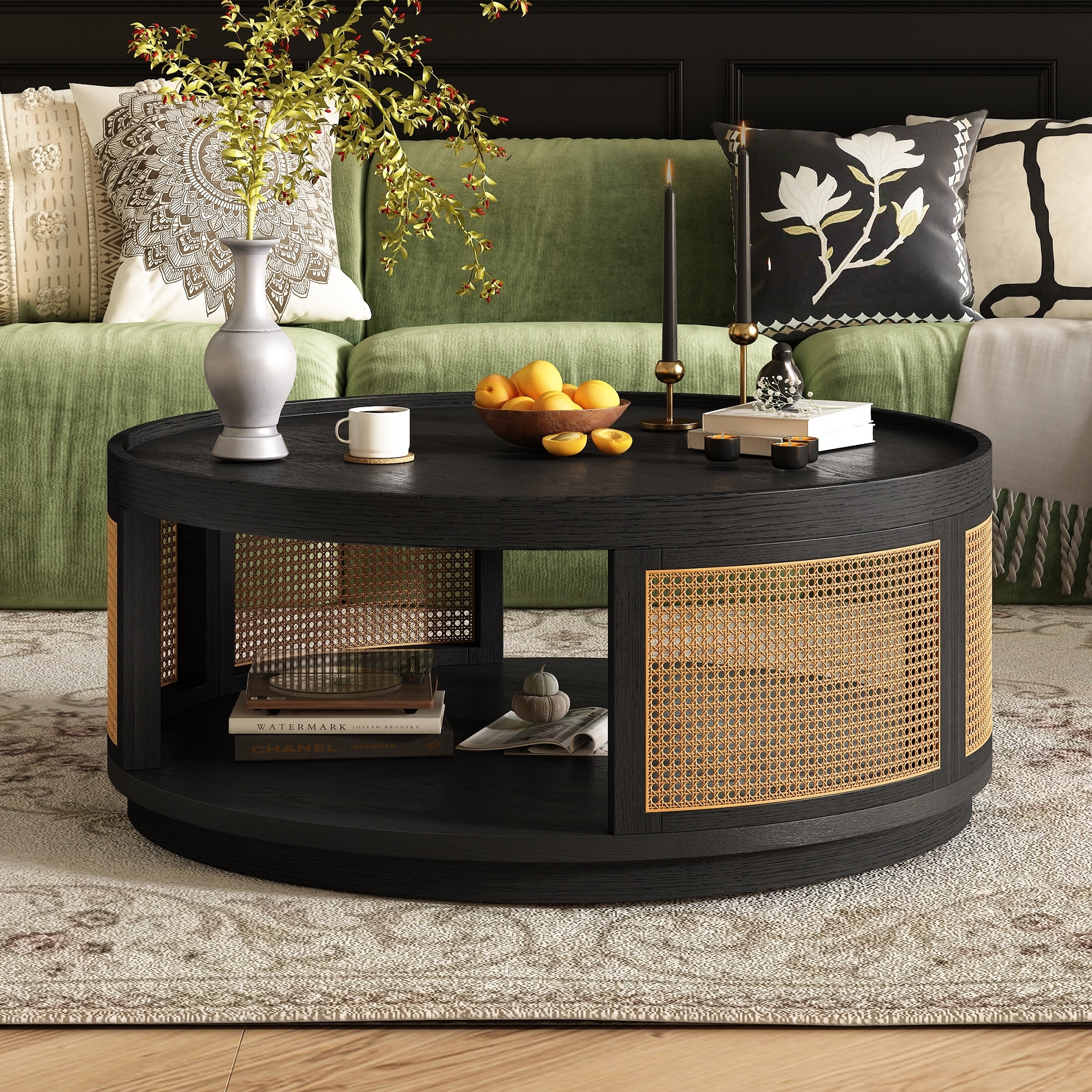 Coffee Table with Cane Webbing Panels and Tray Style Top