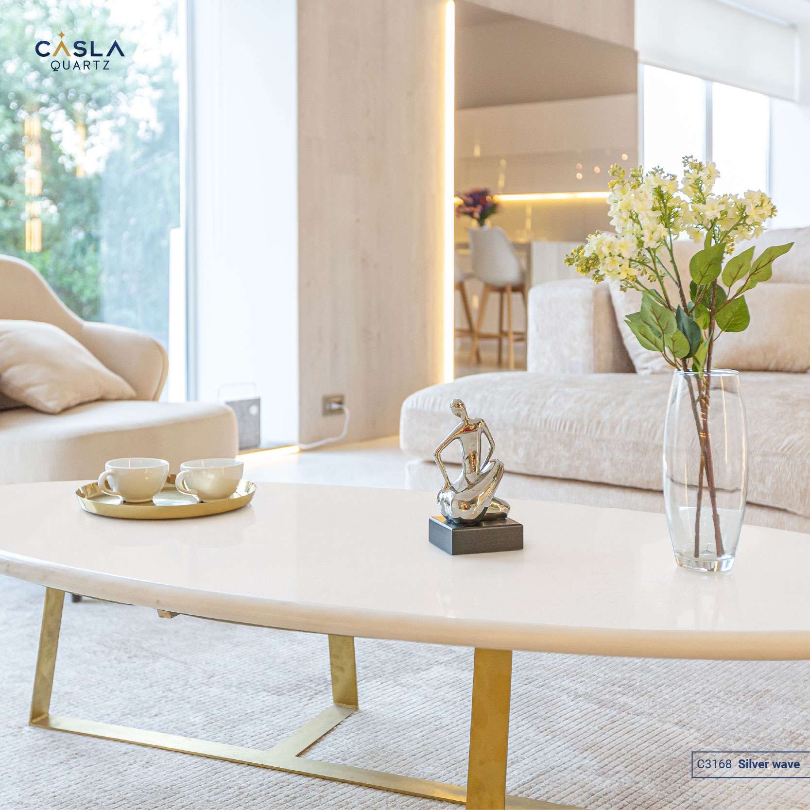 Coffee Table with Gold Sled Base and Oval Stone Top
