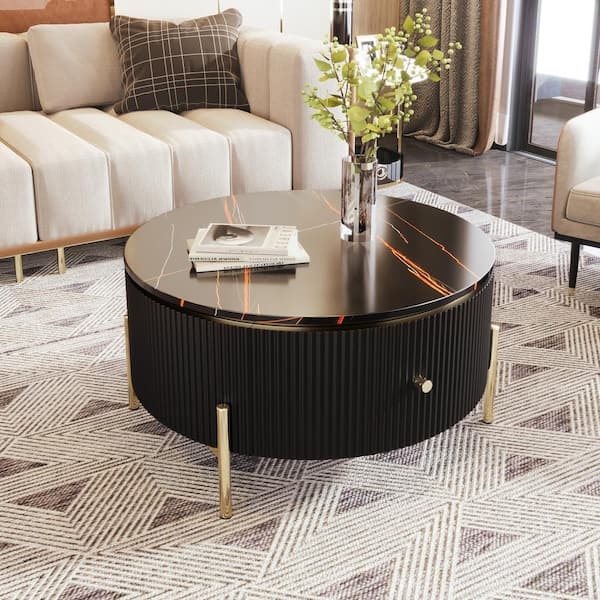 Coffee Table with Orange Veining and Polished Gold Legs