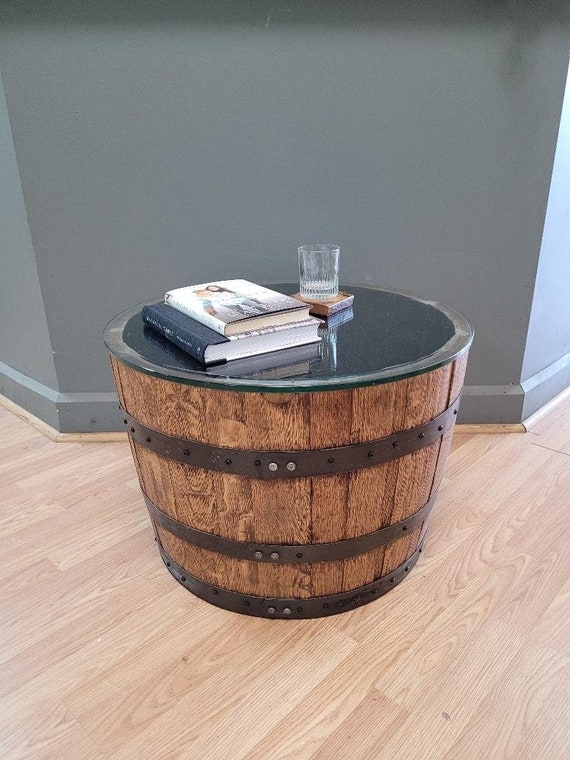 Coffee Table with Recessed Glass and Half Barrel Home Decor