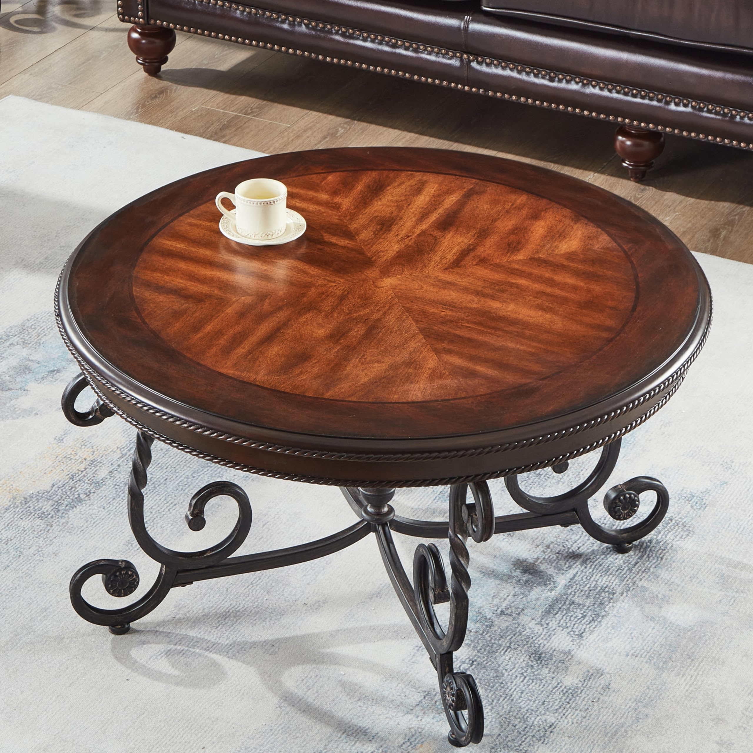 Coffee Table with Scrolled Metal Base and Rope Edge Trim