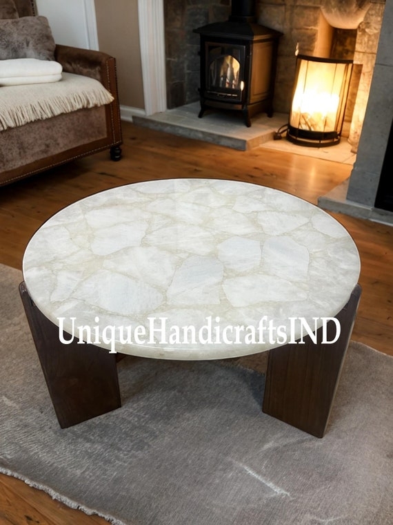 Coffee Table with White Quartz Mosaic and Slab Legs