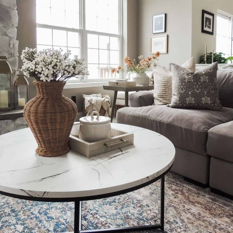 Coffee Table with Woven Wicker Texture and Metal Base