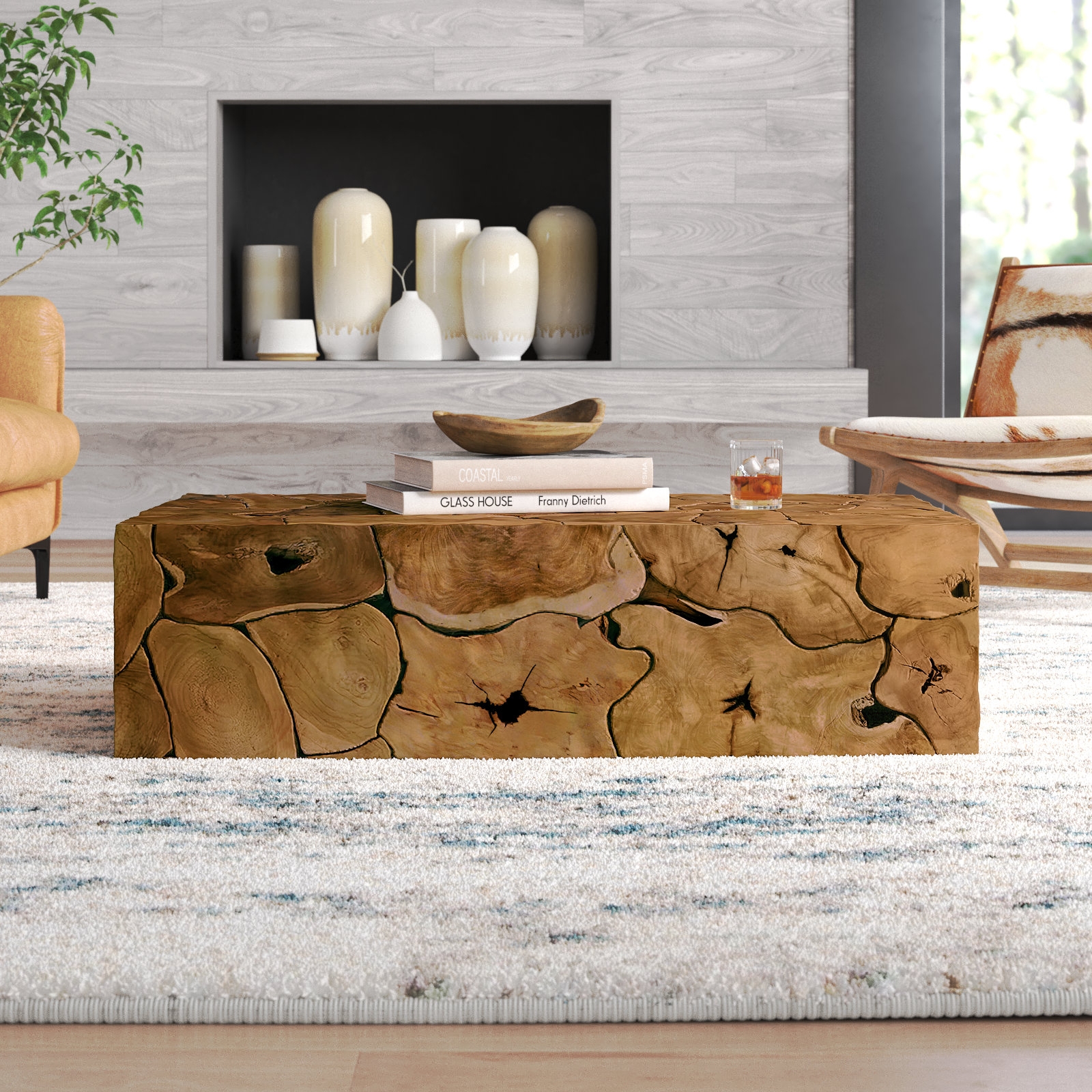 Coffee Table Wood Organic Mosaic Solid Wood Block Table