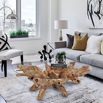 Coffee Table: Wood Root Base Round Glass Top Center Table