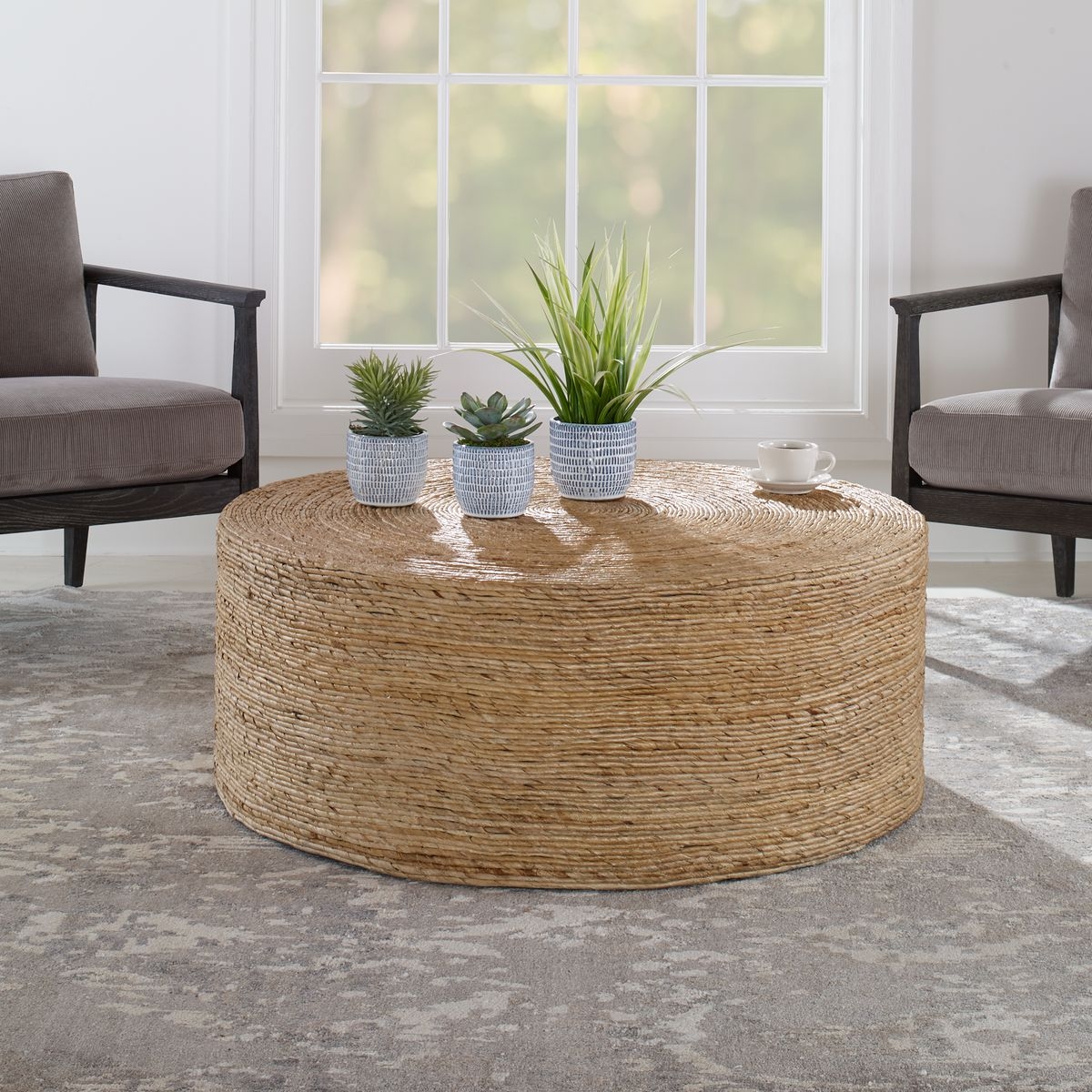 Coffee Table: Woven Drum Coffee Table with Spiral Fiber Weave
