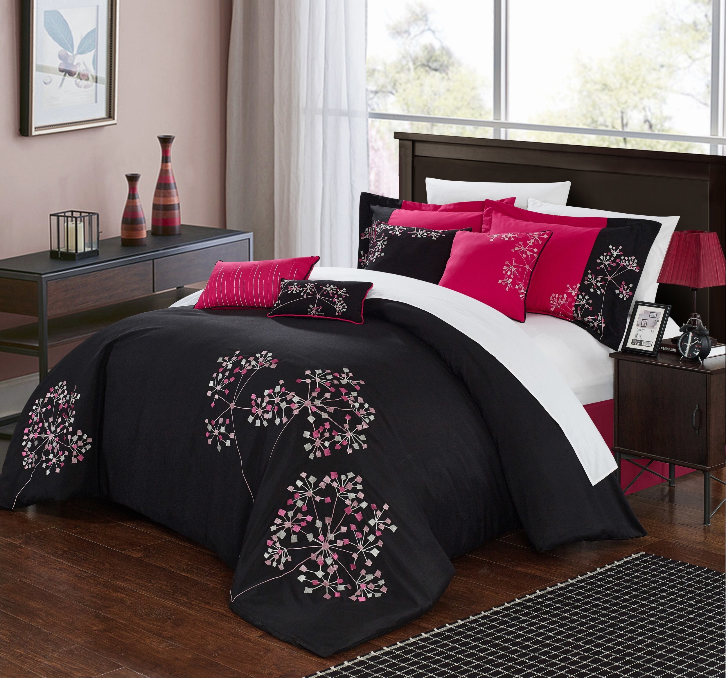 Comforter Set Embroidered Floral Motifs High Contrast Bedding