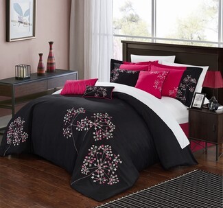 Comforter Set Embroidered Floral Motifs High Contrast Bedding