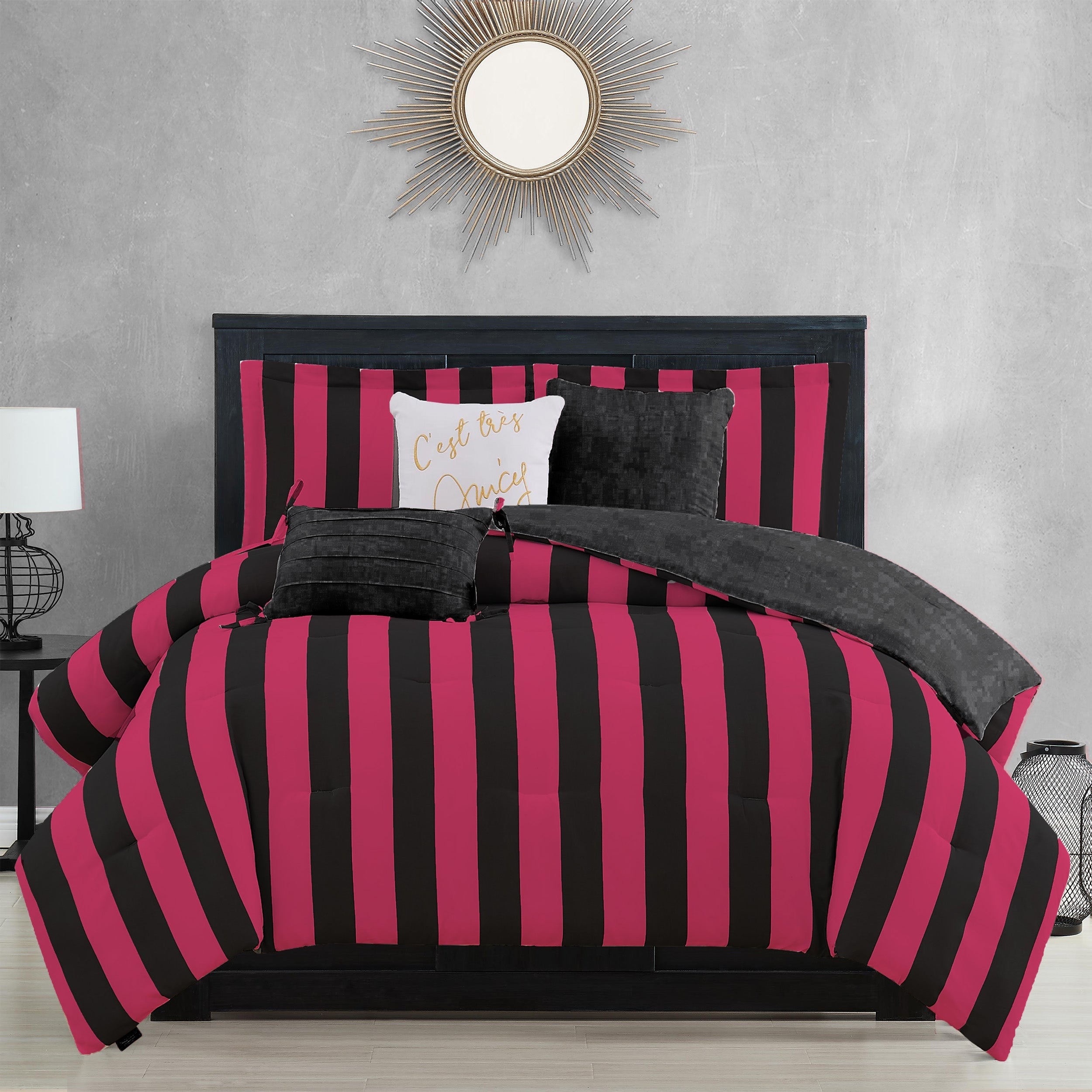 Comforter Set featuring Hot Pink Cabana Stripes Design