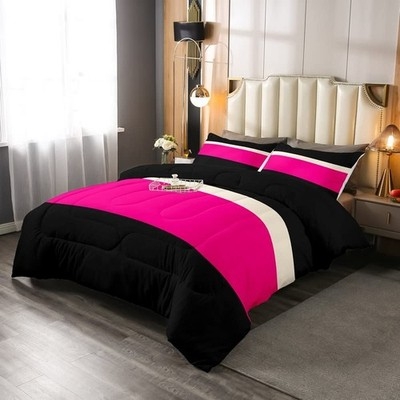 Comforter Set Horizontal Stripes Color Block Hot Pink Aesthetic
