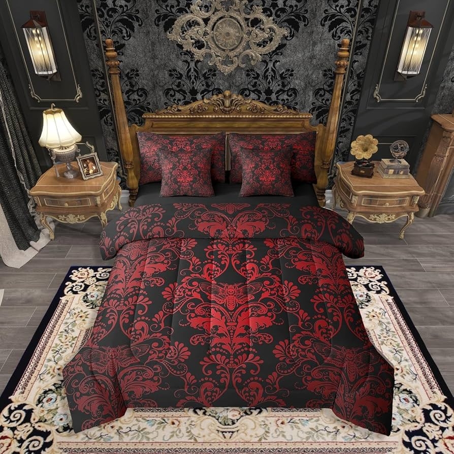 Comforter Set Moth Damask Pattern Red Black Goth