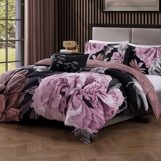 Comforter Set Oversized Peony Print Midnight Black Floral