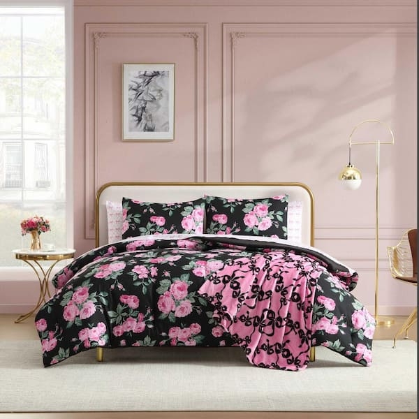 Comforter Set Oversized Rose Print Polished Gold Accents