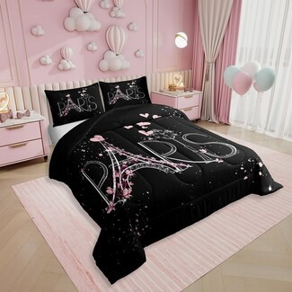 Comforter Set Romantic Paris Theme Floral Graphic Accents