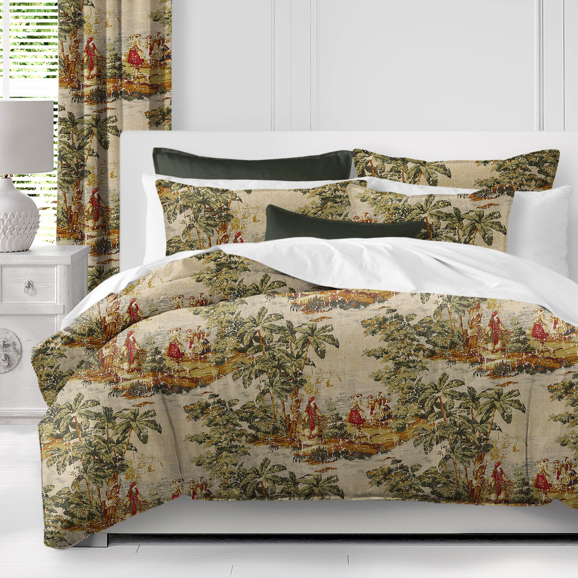 Comforter Set: Scenic Toile Print Antique Red Linen Bedding