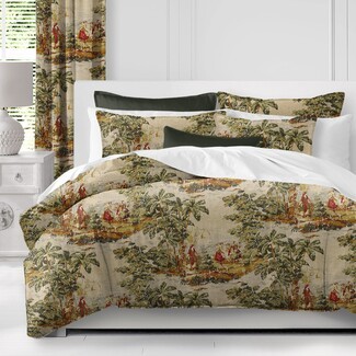 Comforter Set: Scenic Toile Print Antique Red Linen Bedding