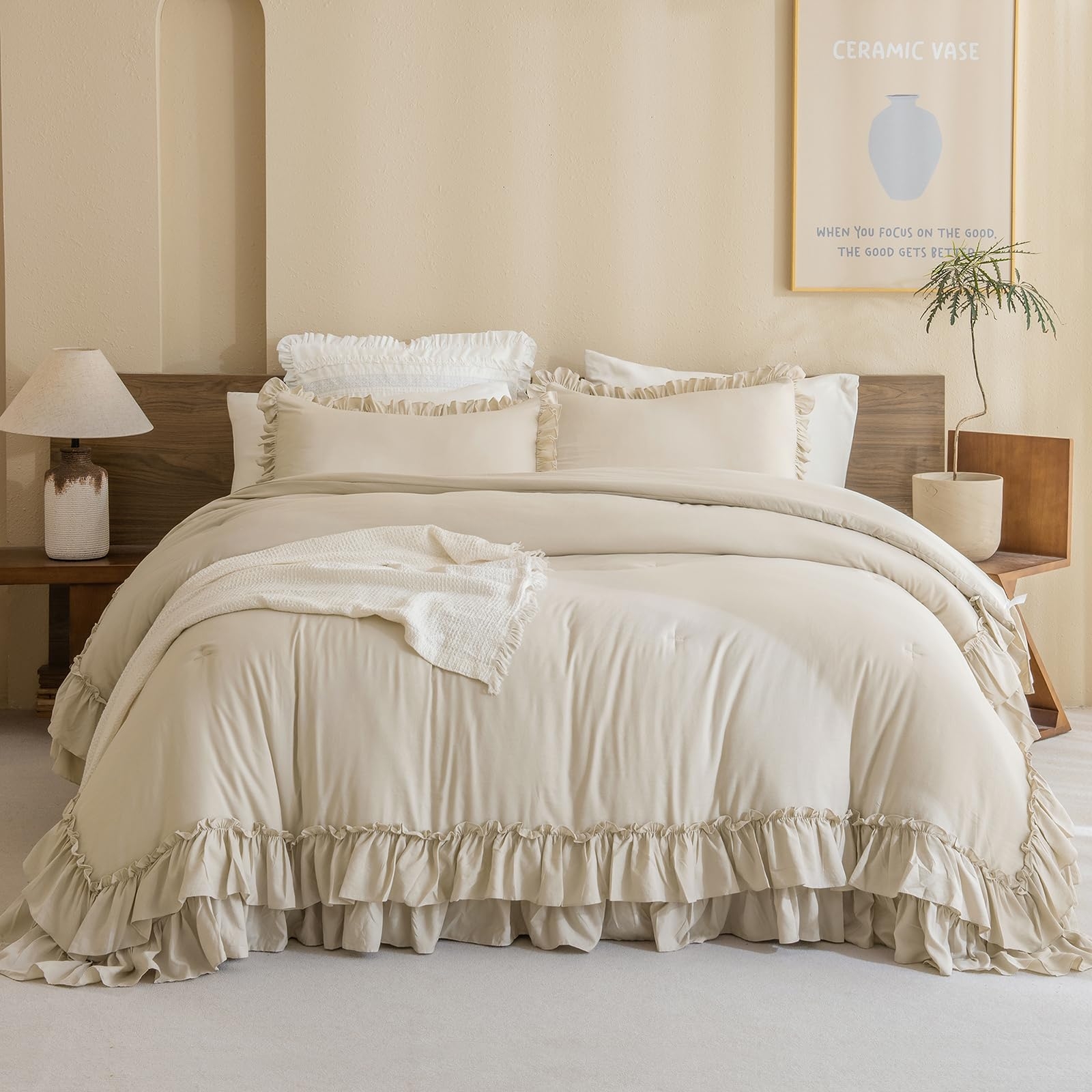 Comforter Set: Triple Ruffle Trim Warm Beige Rustic Bedding