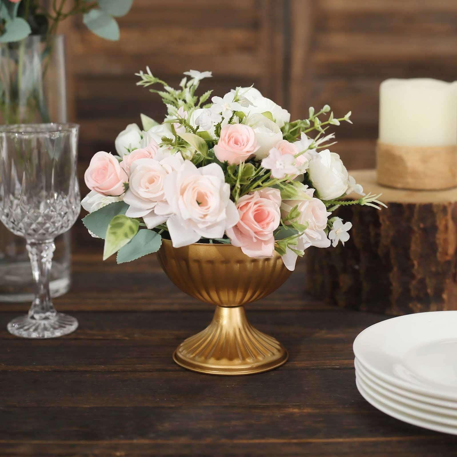 Compote Vase Antique Gold Ribbed Metal Pedestal Bowl